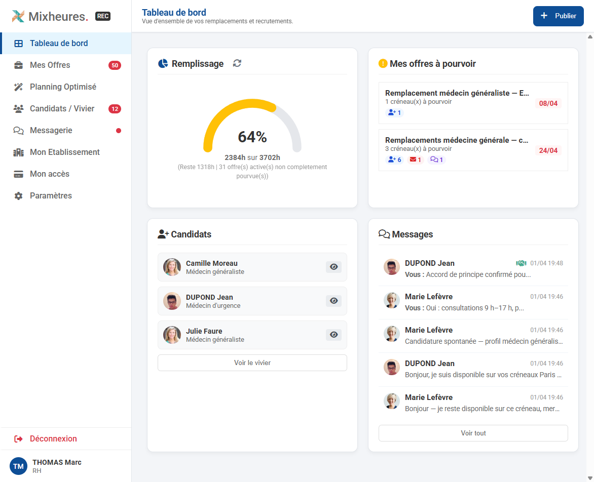 Espace membre recruteur Mixheures - vue bureau (desktop)